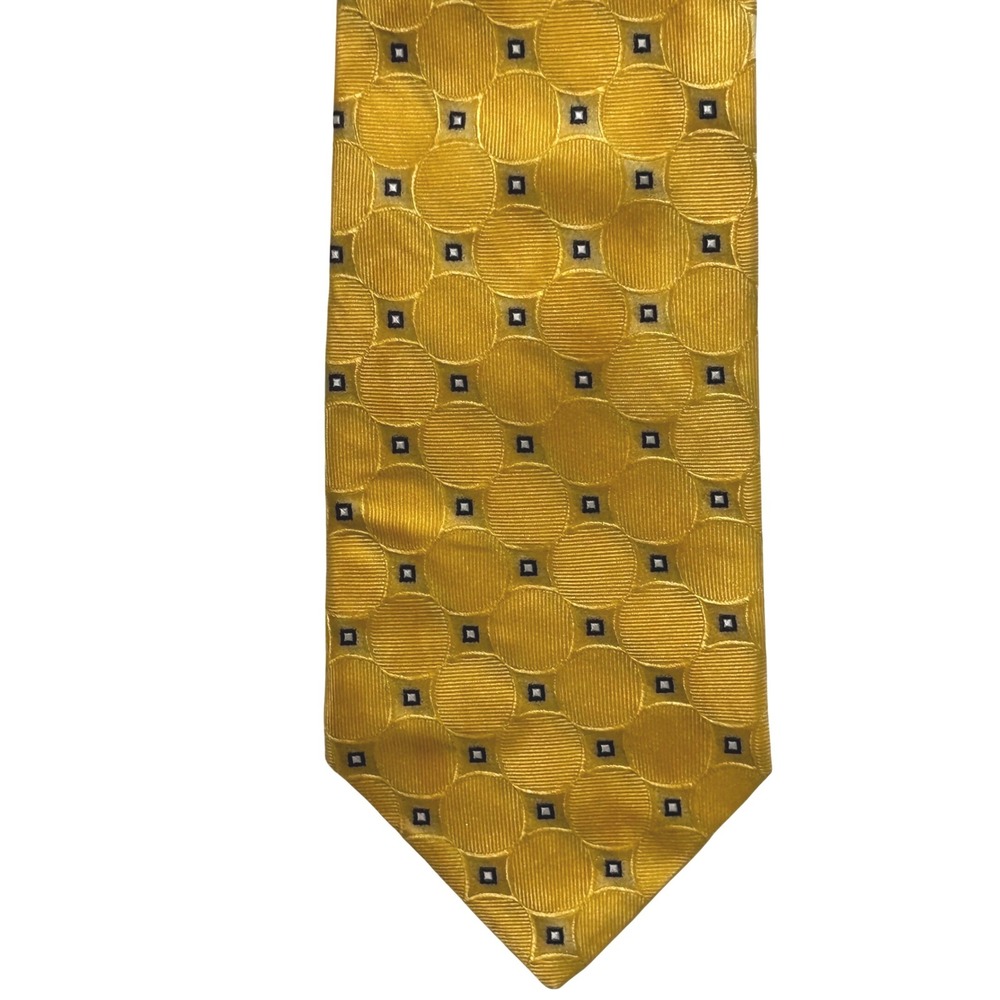 Y2k Tommy Hilfiger Yellow Geometric Square Silk Tie Navy Polka Dot Reverse